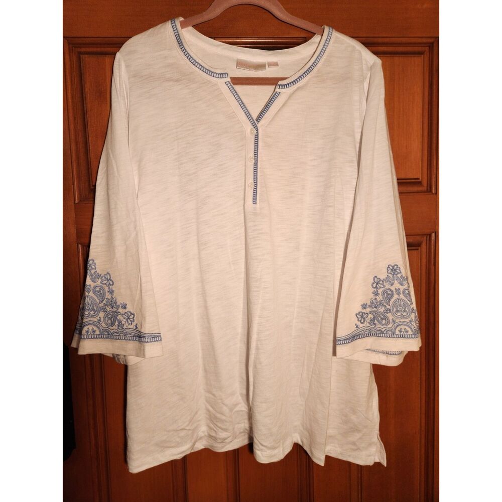 Belle by Kim Gravel White Tunic Top Blue Embroidery V-notch Neck Womens Size 2XL